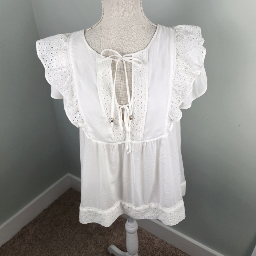 Dear John White Eyelet Ruffle Sleeve Blouse